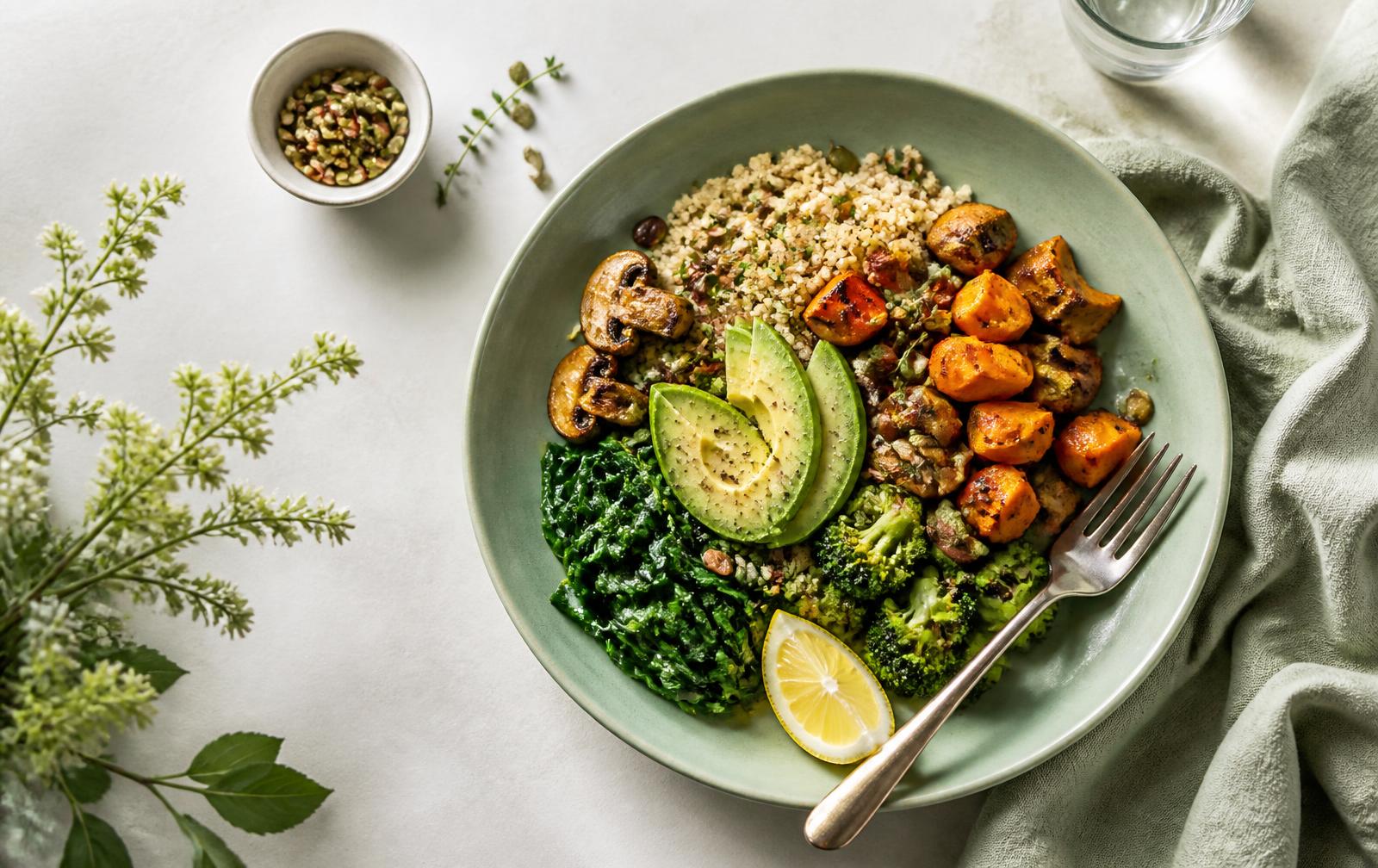 Plato saludable con verduras y granos sobre mesa clara